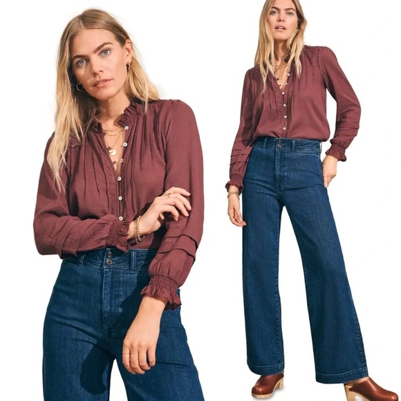 Faherty Tops - NWT FAHERTY Willa Button Front Peasant Blouse Organic Cotton Catawaba Grape Sz M